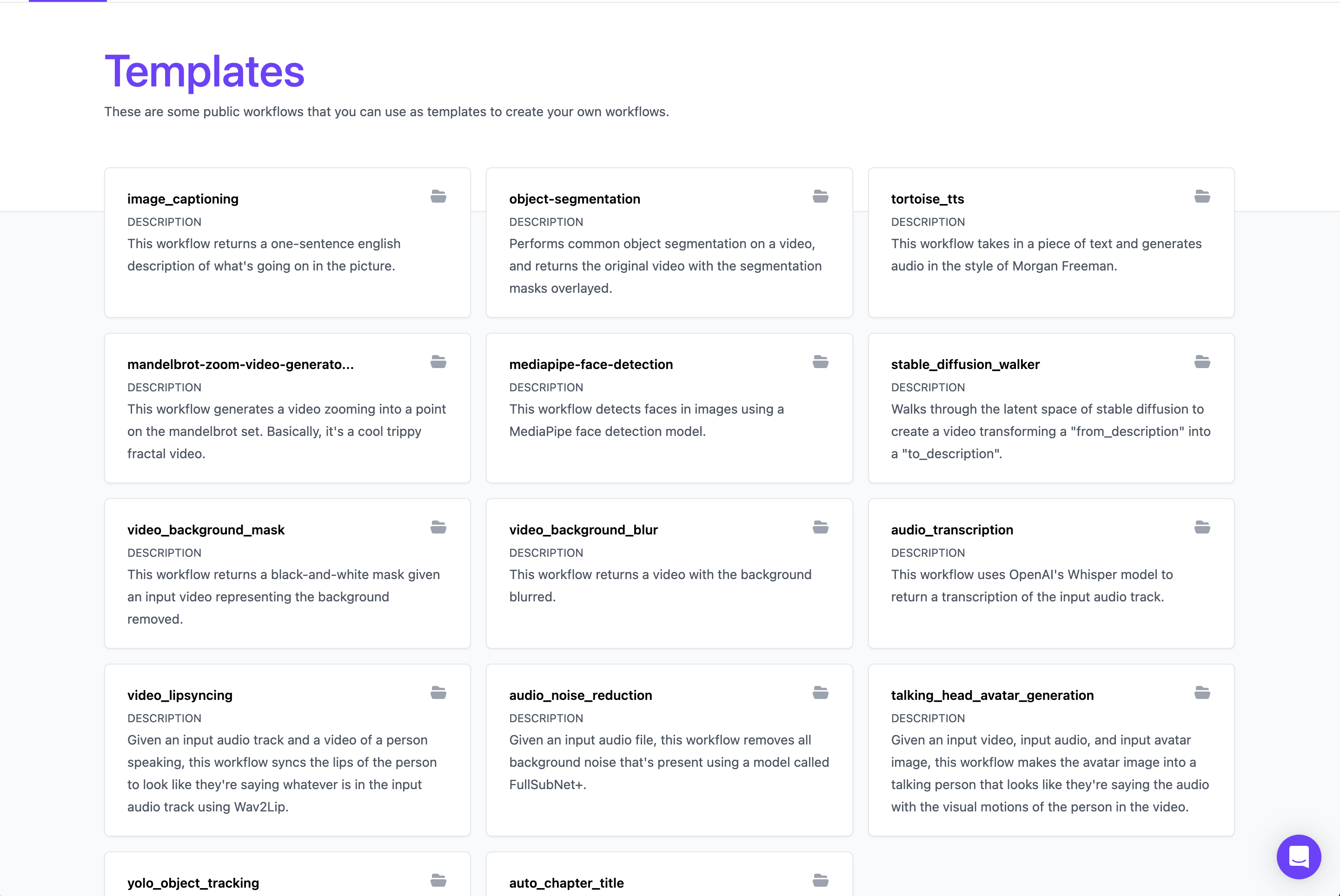 Templates page